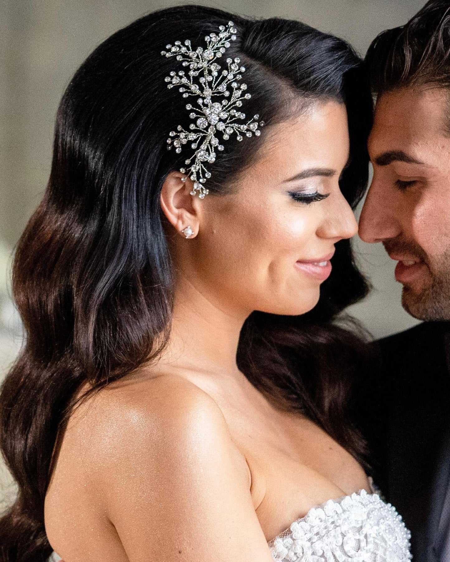 bride wearing aria antique wedding headpiece by christie lauren