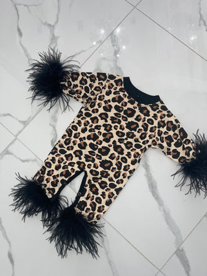 
            
                Load image into Gallery viewer, Leopard Onesie with Marabou Feather Trim
            
        