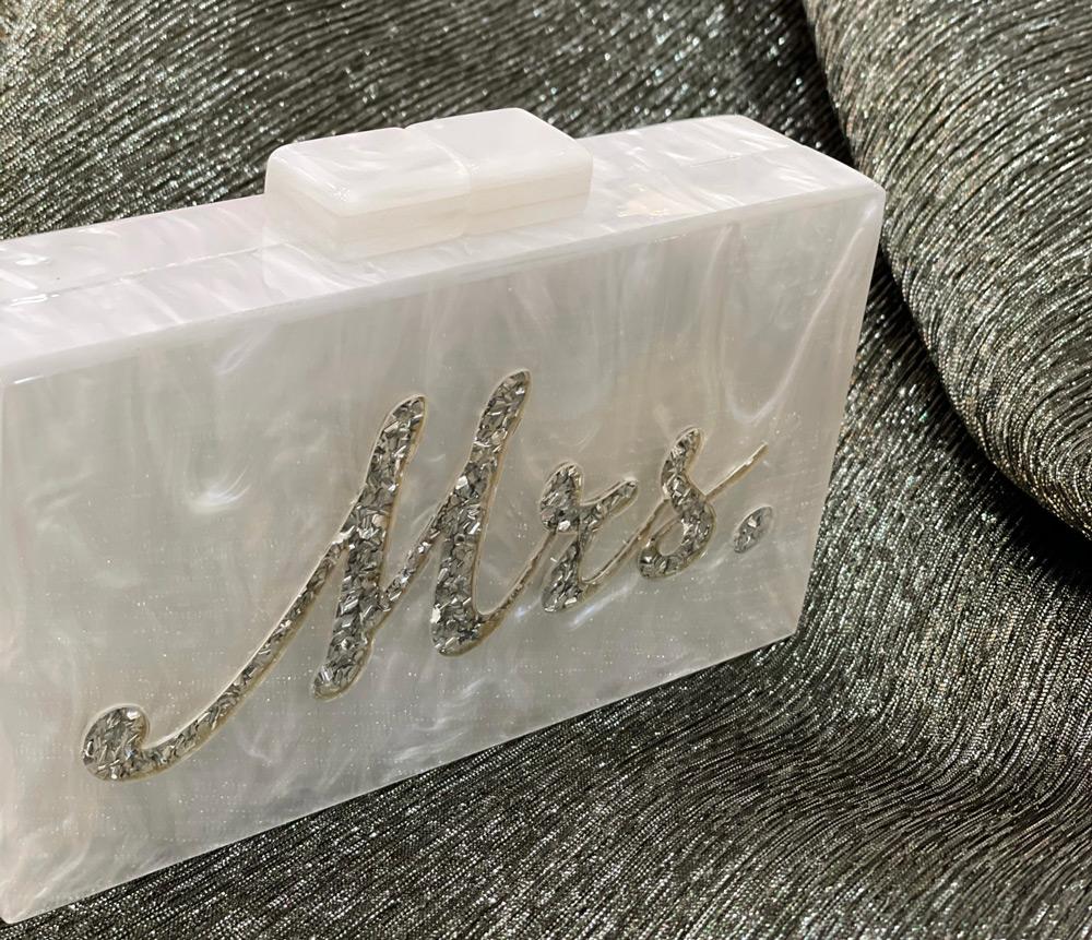 custom beaded mrs acrylic clutch