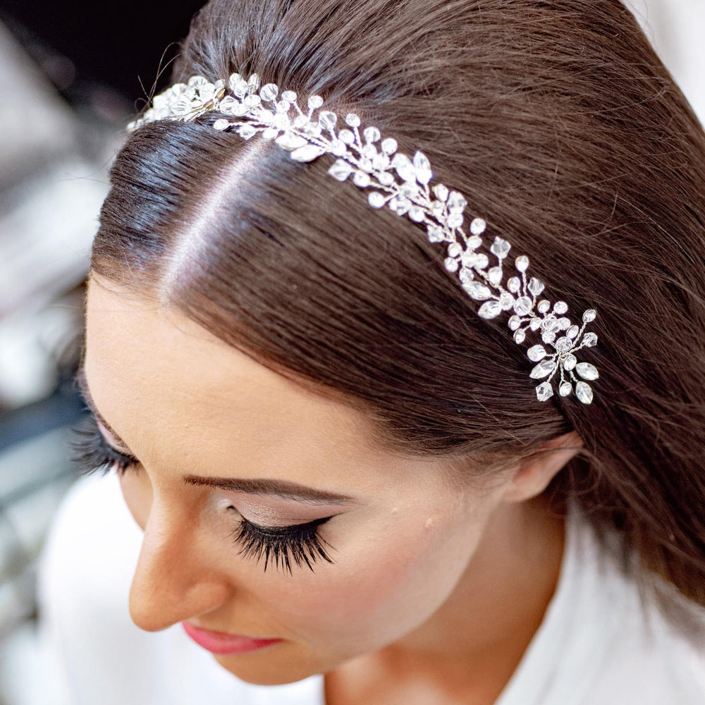 
                      
                        woman wearing chris crystal antique bridal headpiece by christie lauren
                      
                    